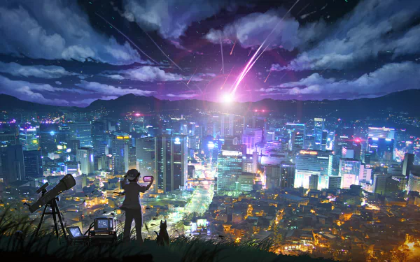 A sci-fi cityscape at night with futuristic buildings, a telescope, and a cat observing a bright celestial event, rendered as an HD PC desktop wallpaper background.
