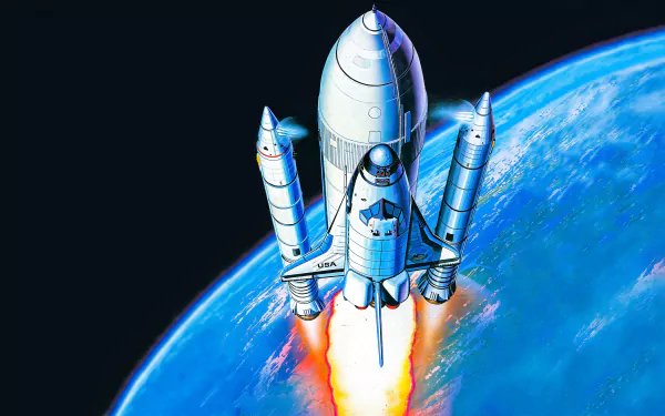 4K Ultra HD PC desktop wallpaper of a space shuttle vehicle launching above Earth, bright exhaust plume against deep space and a vivid blue planet horizon.