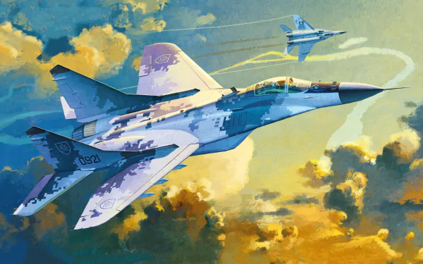 HD desktop wallpaper of two Mikoyan MiG-29 jet fighters — blue-gray military warplanes banking through dramatic golden clouds with contrails.