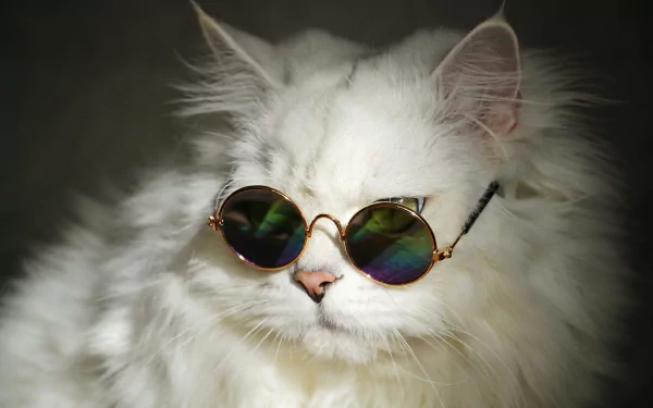 White long-haired cat wearing round mirrored sunglasses, rendered as a high-detail 5K Ultra HD PC desktop wallpaper and background.