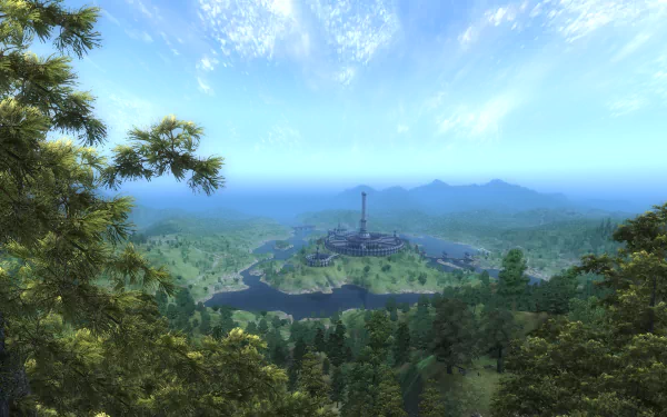 4K Ultra HD desktop wallpaper showcasing a scenic landscape from The Elder Scrolls IV: Oblivion, featuring lush forests and a distant tower under a bright blue sky.