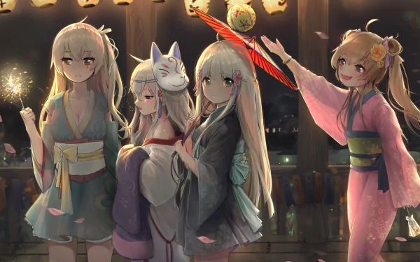 4K Ultra HD PC wallpaper of UMP45, UMP9, HK416 and G11 from Girls' Frontline in summer kimonos at a lantern-lit festival, posing with sparklers, a fox mask and a red umbrella.