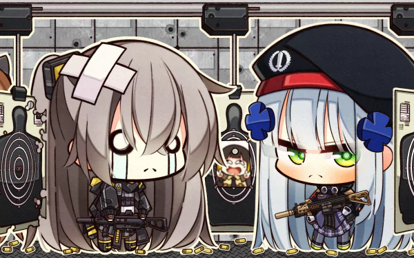 Chibi Girls' Frontline T-Dolls from the video game — M16A1, UMP9, G11, UMP45, HK416 — posed in a shooting range, stylized 4K Ultra HD PC desktop wallpaper and background.