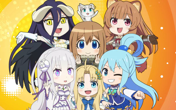 HD desktop wallpaper featuring adorable chibi characters from Isekai Quartet: Aqua, Filo, Raphtalia, Viktoriya Ivanovna Serebryakov, Emilia, and Albedo, set against a vibrant orange background.
