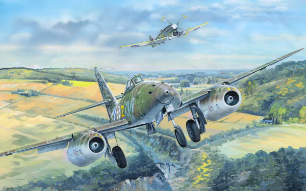 2K Quad HD PC desktop wallpaper of Messerschmitt Me 262 military warplanes flying low over patchwork fields, one close in the foreground and another trailing beneath a blue sky.