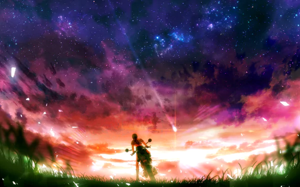 Anime-style HD desktop wallpaper featuring a lone motorcyclist beneath a vibrant starry sky with a shooting star streaking across the colorful horizon.