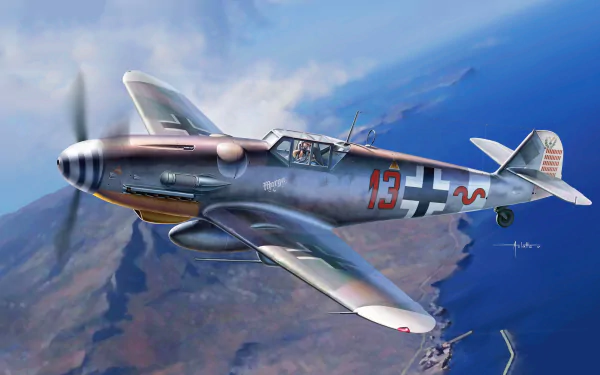 HD PC desktop wallpaper featuring a detailed Messerschmitt Bf 109 military warplane soaring above the coastline with a clear blue sky backdrop.