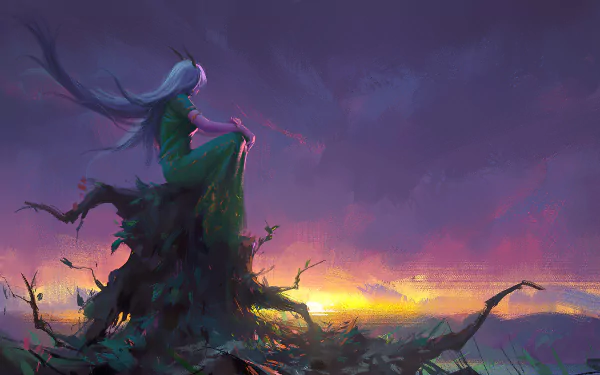 green dress white dress sunrise long hair fantasy demon HD Desktop Wallpaper | Background Image