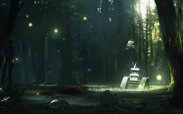 A vibrant 4K Ultra HD wallpaper featuring Celebi from Pokémon, set in a mystical forest illuminated by glowing lights and surrounded by lush greenery and enchanting elements.