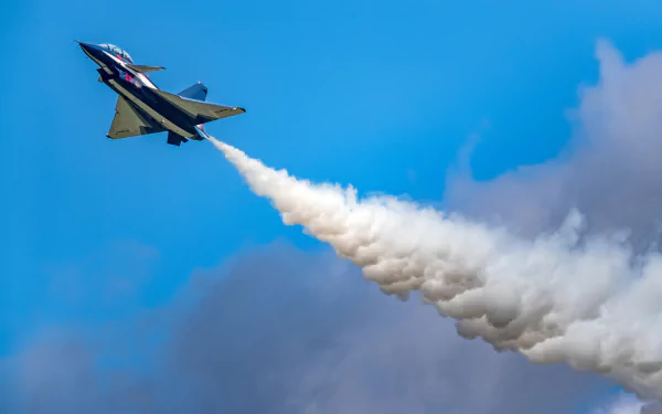 Chengdu J-10 jet fighter banking upward, trailing a thick white plume of smoke across a bright blue sky — HD military aircraft desktop wallpaper