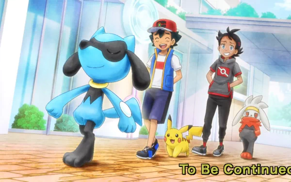 Ash Ketchum and Goh walk with their Pokémon Pikachu, Riolu, Raboot, and Cap in a bright anime-style HD desktop wallpaper.