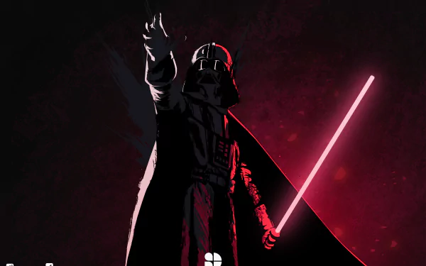 Darth Vader stands with a red lightsaber glowing, set against a dark sci-fi background in stunning 8K Ultra HD Star Wars desktop wallpaper.