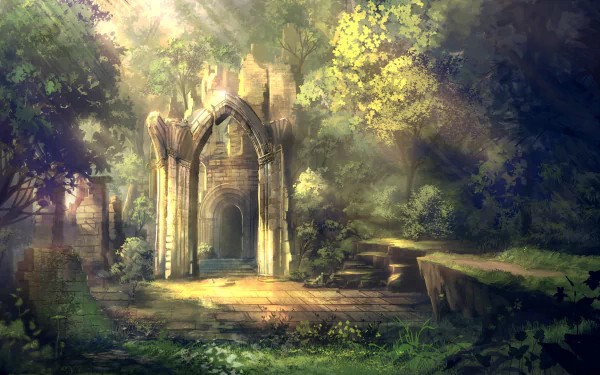 Fantasy-themed HD PC desktop wallpaper depicting ancient, overgrown ruins bathed in soft sunlight within a lush, mystical forest.