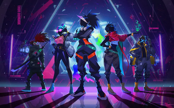 A vibrant HD wallpaper featuring Yasuo, Senna, Qiyana, Ekko, and Akali from League of Legends, set against a dynamic, neon-lit background.