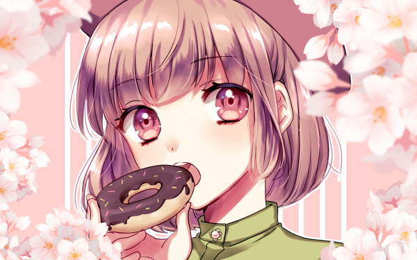 Anime Original Doughnut Short Hair Brown Eyes Brown Hair Cherry Blossom HD Wallpaper | Background Image