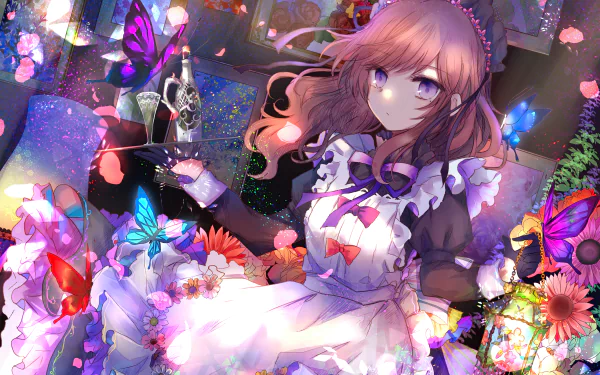 Butterfly-themed anime original 2K Quad HD PC desktop wallpaper: a dreamy maid in a ruffled dress surrounded by glowing butterflies, flowers and sparkling lights in pastel and jewel tones.