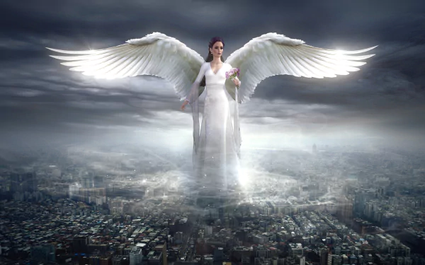A majestic fantasy angel with glowing white wings hovers above a city, rendered in stunning 4K Ultra HD for a striking PC desktop wallpaper.