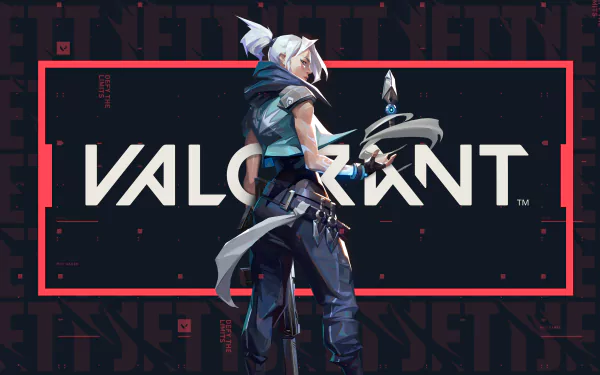Jett (Valorant) stands with knives and wind effects before a bold VALORANT logo — 4K Ultra HD PC desktop wallpaper and video game background.