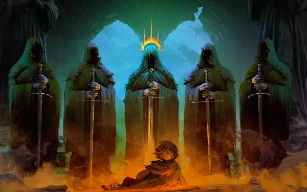 HD desktop wallpaper featuring a hobbit confronting five Nazgûl wielding swords in a fantasy setting from The Lord of the Rings, with vibrant, dark colors creating a dramatic and eerie atmosphere.