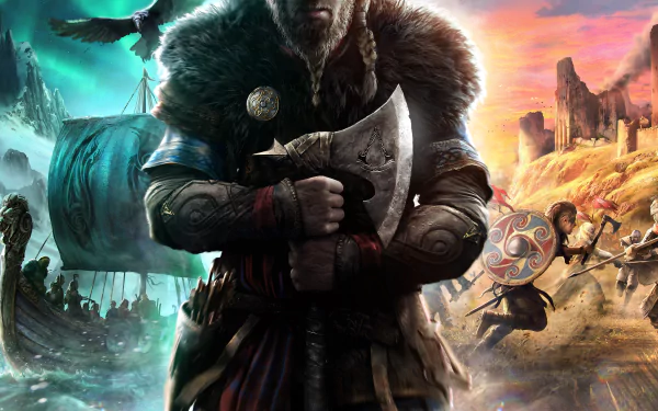HD desktop wallpaper of Eivor from Assassin's Creed Valhalla, depicting a Viking holding an axe with contrasting scenes of a sea voyage and a battlefield in the background.