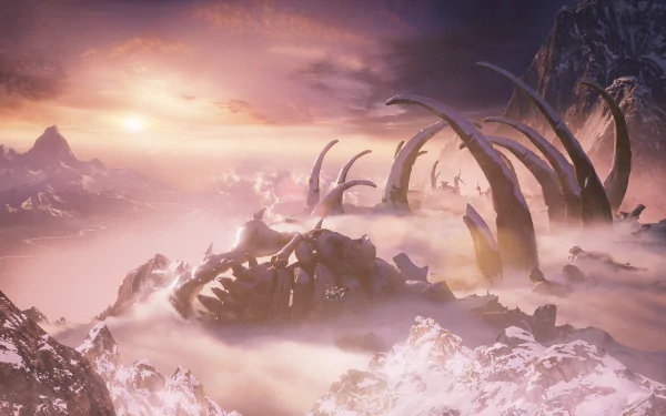 HD PC desktop wallpaper featuring a misty, mountainous landscape with colossal bones and a sunset, inspired by the video game Gears of War 5.