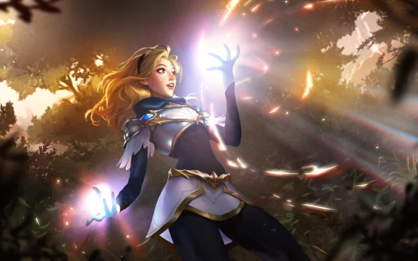 HD desktop wallpaper featuring Lux from League of Legends casting light magic, styled for Legends of Runeterra with dynamic lighting and vibrant effects.