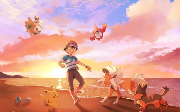 Anime Pokémon Ash Ketchum Pikachu Beach Sunset Feet Sky Rotomdex Rowlet Barefoot Cap Brown Eyes Lycanroc HD Wallpaper | Background Image