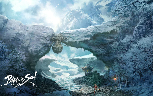 Video game Blade & Soul 2K Quad HD PC desktop wallpaper and background: a snow-covered mountain pass with a natural stone arch over an icy pool, distant pagoda and lone red-clad warrior.