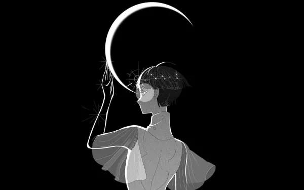 Phosphophyllite from Land of the Lustrous is depicted in this HD anime wallpaper, reaching toward a crescent moon against a dark background.