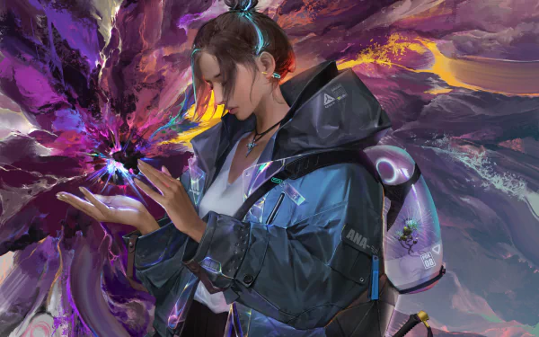 HD PC desktop wallpaper/background: a brown‑haired woman in a futuristic jacket conjures glowing purple energy against a surreal, crystalline fantasy landscape.