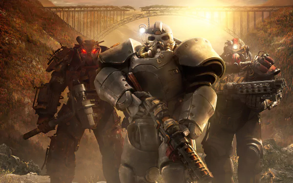4K Ultra HD Fallout 76 wallpaper featuring armored characters in a post-apocalyptic wasteland, capturing the video game's intense and gritty atmosphere.
