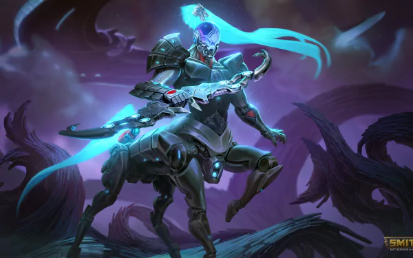Chiron (Smite) centaur archer in glowing blue armor draws his bow amid shadowy ruins — Smite video game art, 4K Ultra HD PC desktop wallpaper and background.