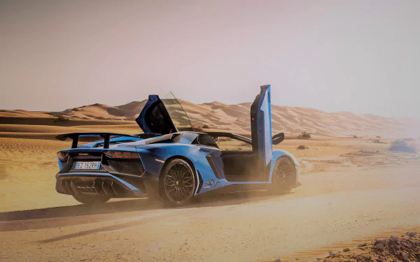 Lamborghini Aventador SV supercar with open doors driving through a desert, captured in 4K Ultra HD as a striking PC desktop wallpaper.
