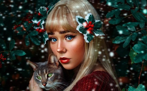 Women Model Blonde Lipstick Cat Face Blue Eyes HD Wallpaper | Background Image