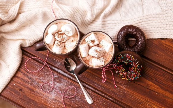 Food Hot Chocolate Doughnut Marshmallow Cup Still Life HD Wallpaper | Background Image