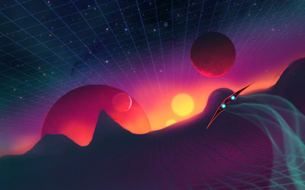 Artistic retrowave HD PC desktop wallpaper and background: neon grid landscape, glowing sun, twin planets, a sleek ship streaking cyan trails across a magenta, star-speckled sky.