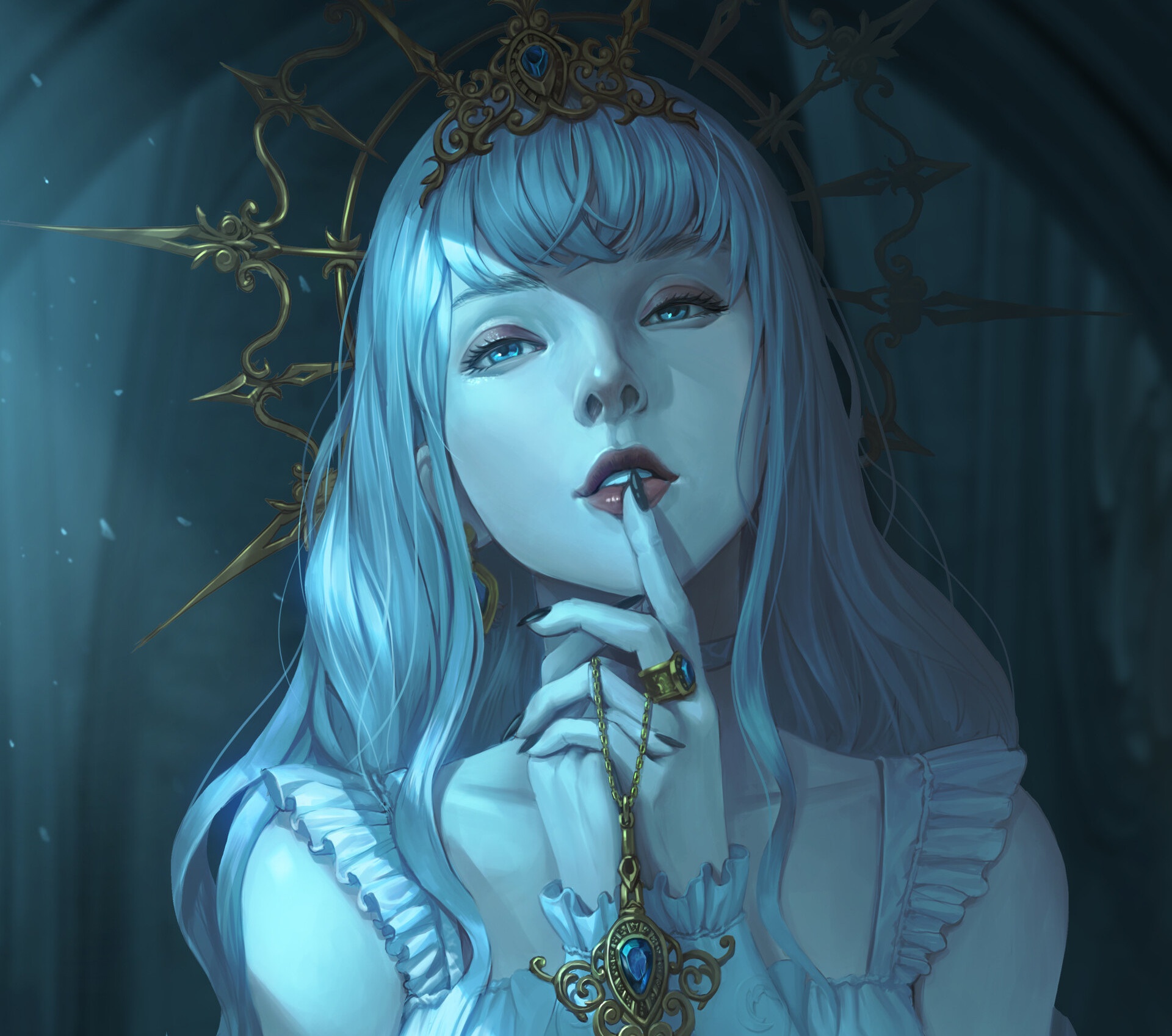 Download Jewelry Blue Eyes White Hair Fantasy Woman HD Wallpaper