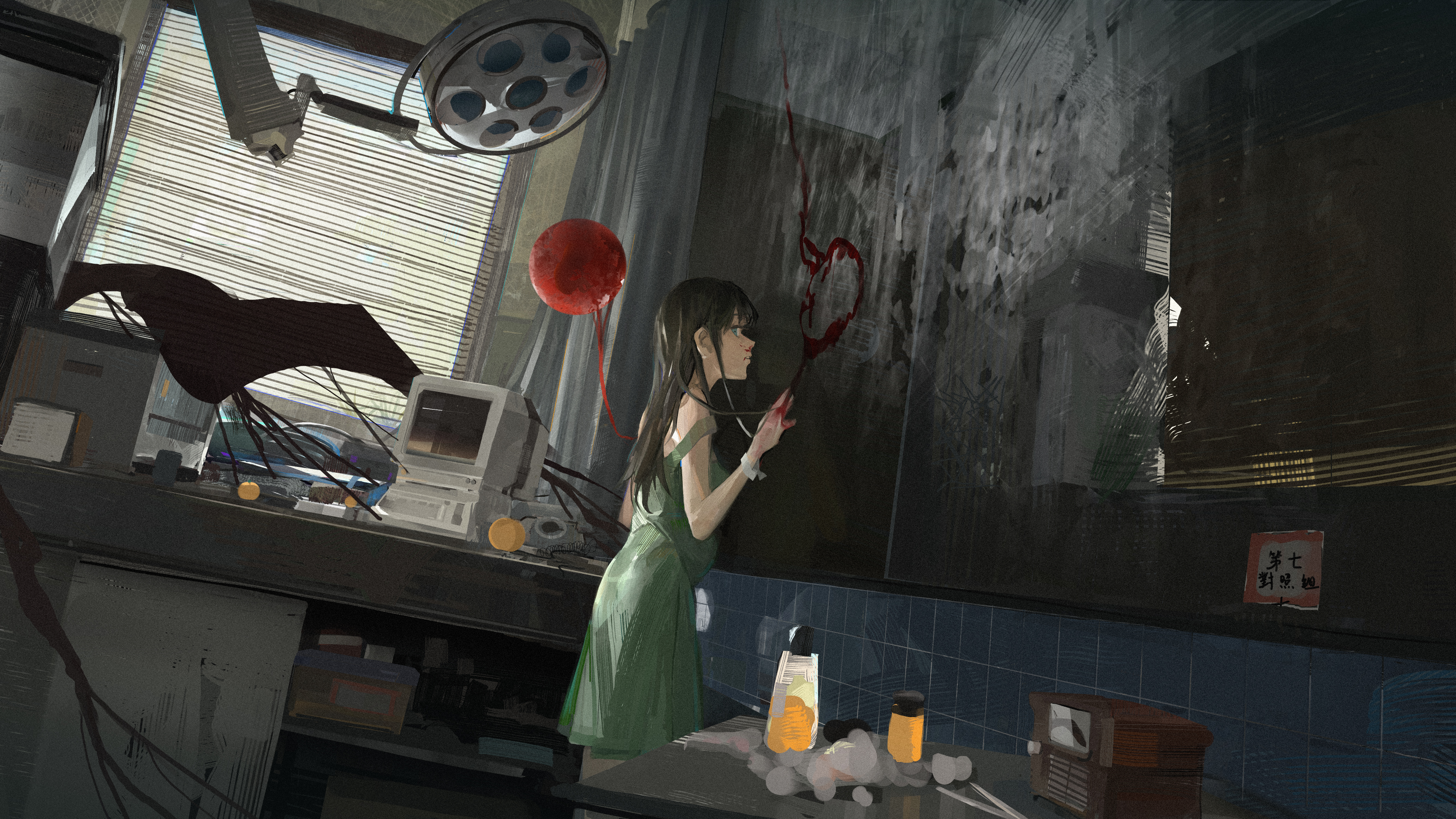 Girl drawing balloon on a room glass by Paindude