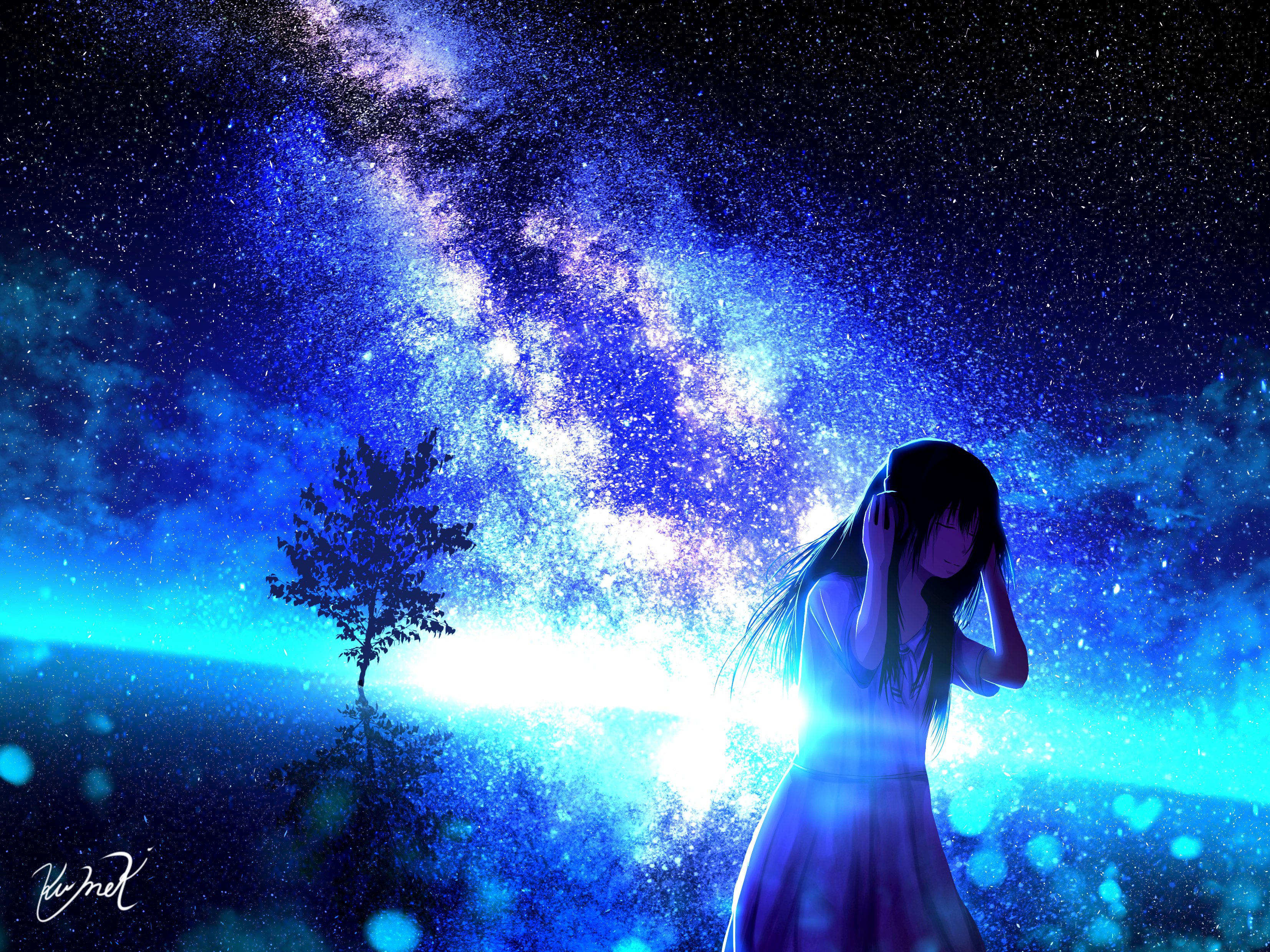 Girl listening to music on beautiful starry night by クメキ