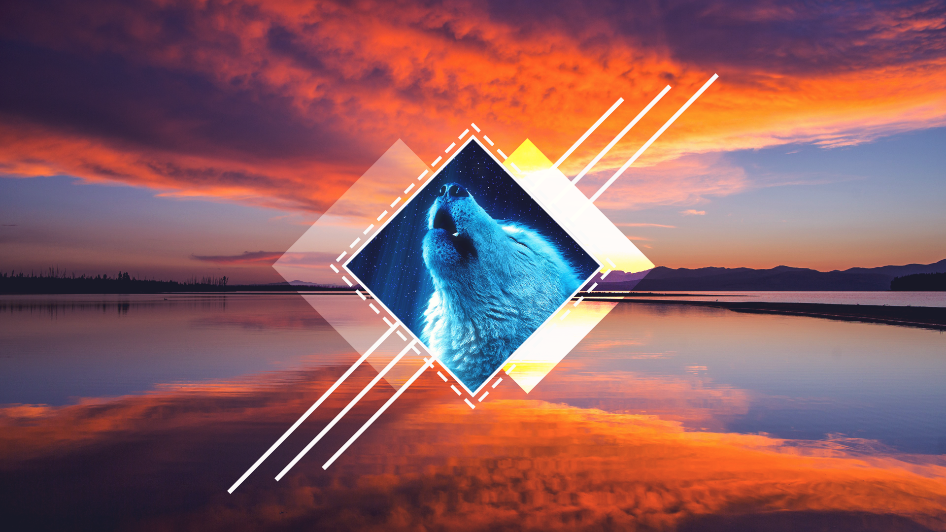 Artistic polyscape 4K Ultra HD PC desktop wallpaper: blue howling wolf in a geometric diamond overlay atop a vivid orange-purple sunset reflected on a calm lake.
