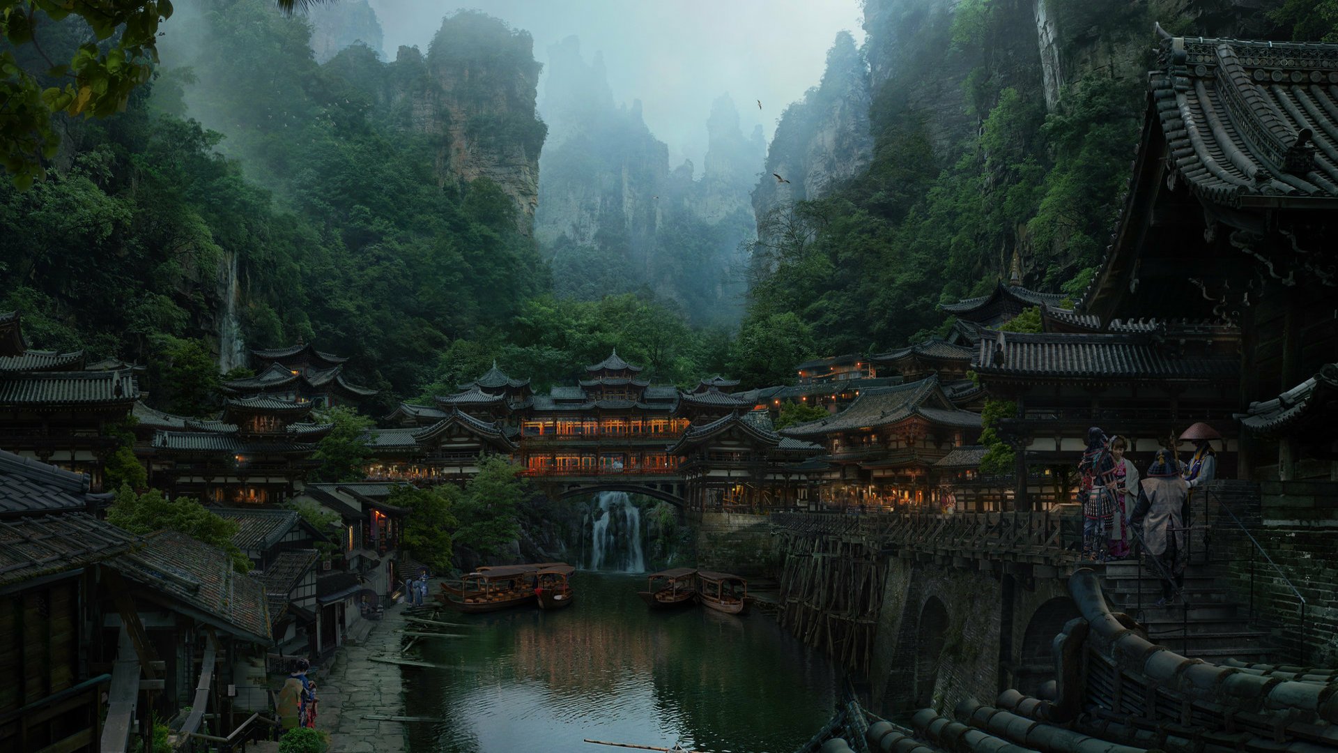 HD fantasy city desktop wallpaper featuring a picturesque village nestled in lush green mountains, with a serene river flowing through and a waterfall in the background.