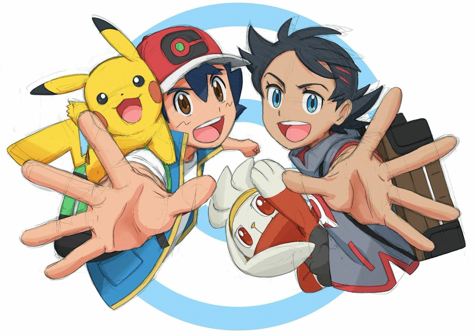Anime-style HD wallpaper featuring Ash Ketchum and Goh with two-toned and black hair, brown and blue eyes, alongside Pikachu and Raboot, all reaching forward energetically.