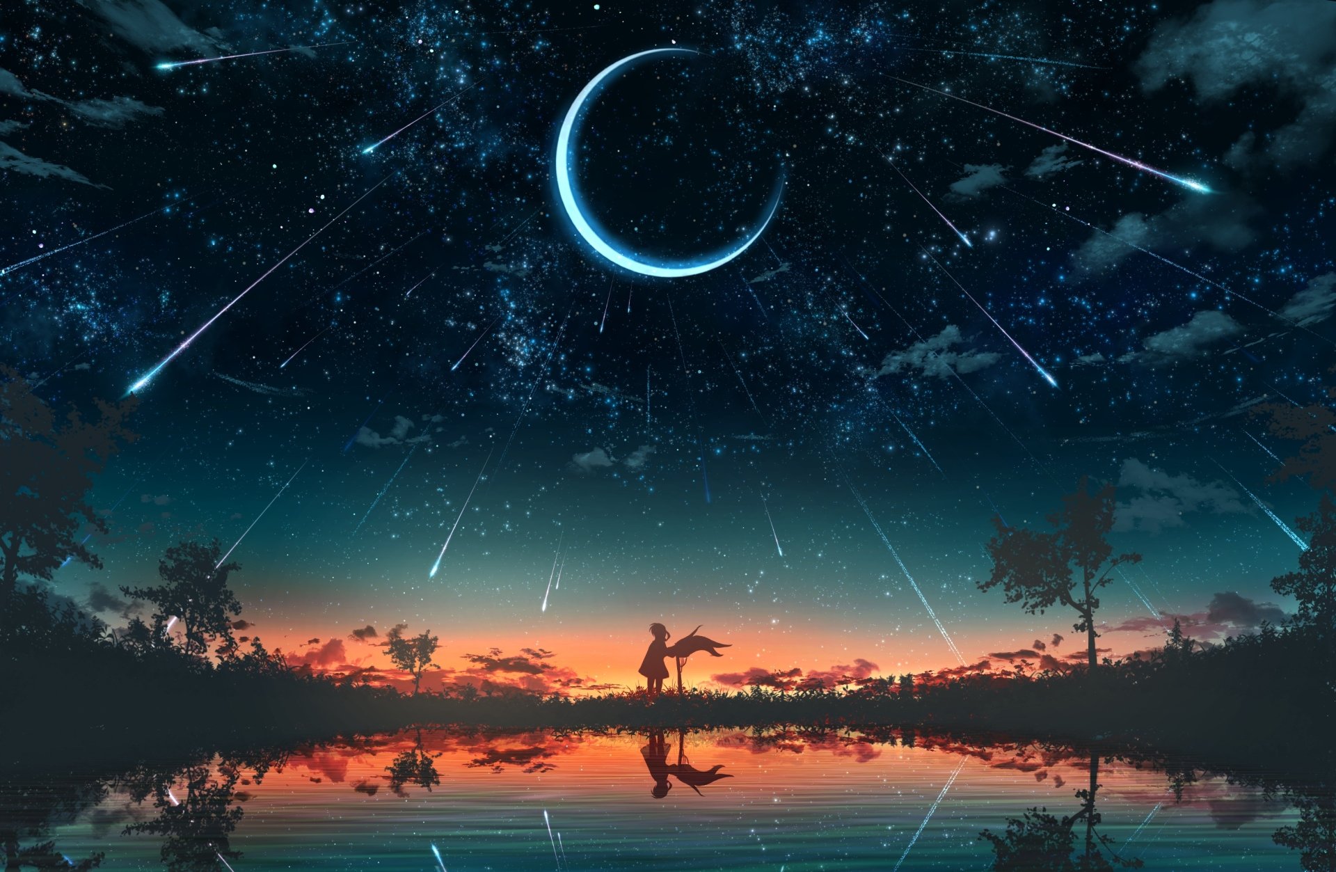 Download Sky Star Trail Crescent Pond Nature Sunset Anime Original Anime Sunset Sky Anime HD Wallpaper