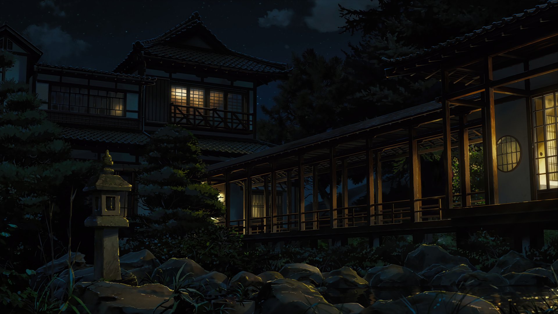 4K Ultra HD anime wallpaper from Your Name., depicting a serene, softly lit traditional Japanese house at night with intricate architectural details.