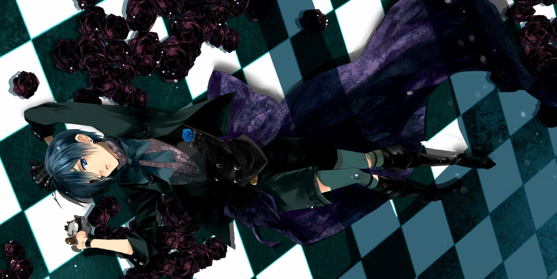 HD PC desktop wallpaper and background of Ciel Phantomhive from Black Butler — anime-style Ciel in a dark coat and purple cloak on a checkerboard floor with black roses.