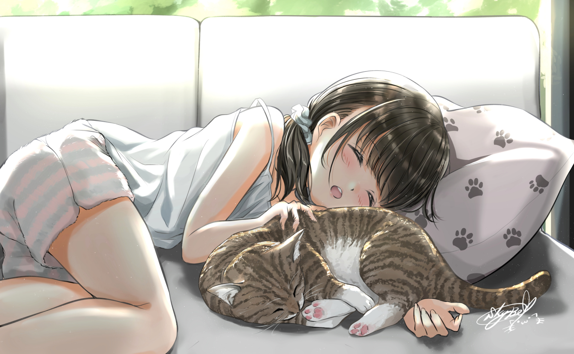Peaceful Slumber: Anime Girl & Cat HD Wallpaper by 空鐘 | 2880x1776 ...