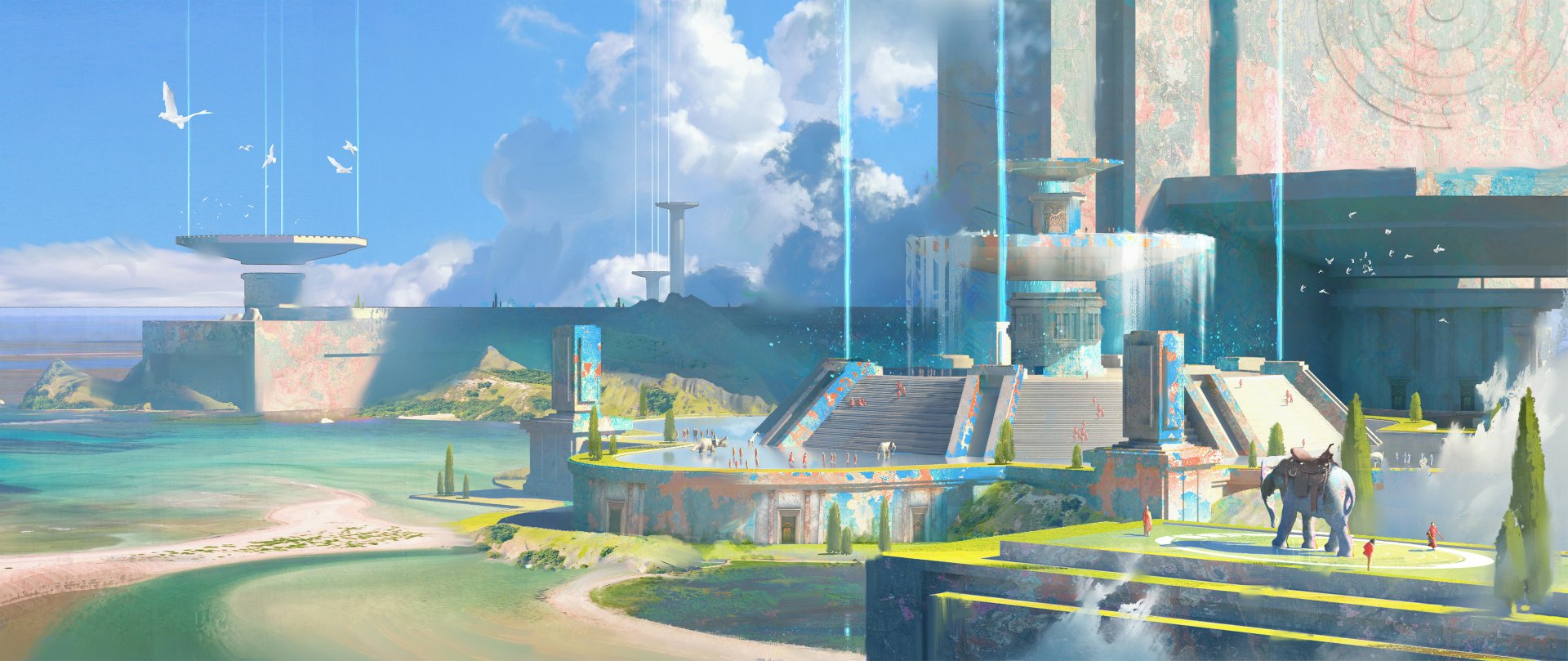 HD fantasy cityscape with futuristic buildings and a bright sky, designed as a detailed PC desktop wallpaper and background.