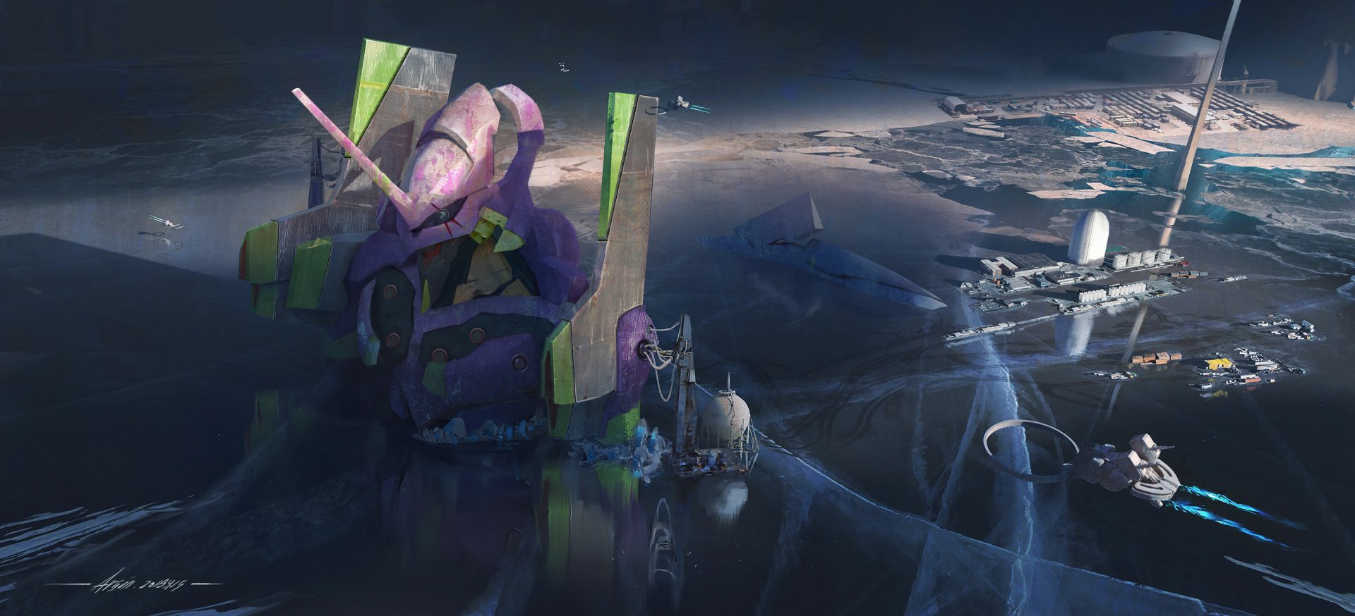 HD PC desktop wallpaper featuring Evangelion Unit-01 from the anime Neon Genesis Evangelion, set against a dark, futuristic landscape.