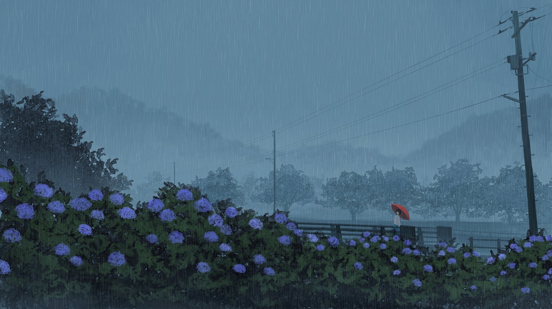 HD anime desktop wallpaper featuring vibrant hydrangea flowers in the rain, a lone figure with a red umbrella, and a serene rainy landscape with soft, muted tones.