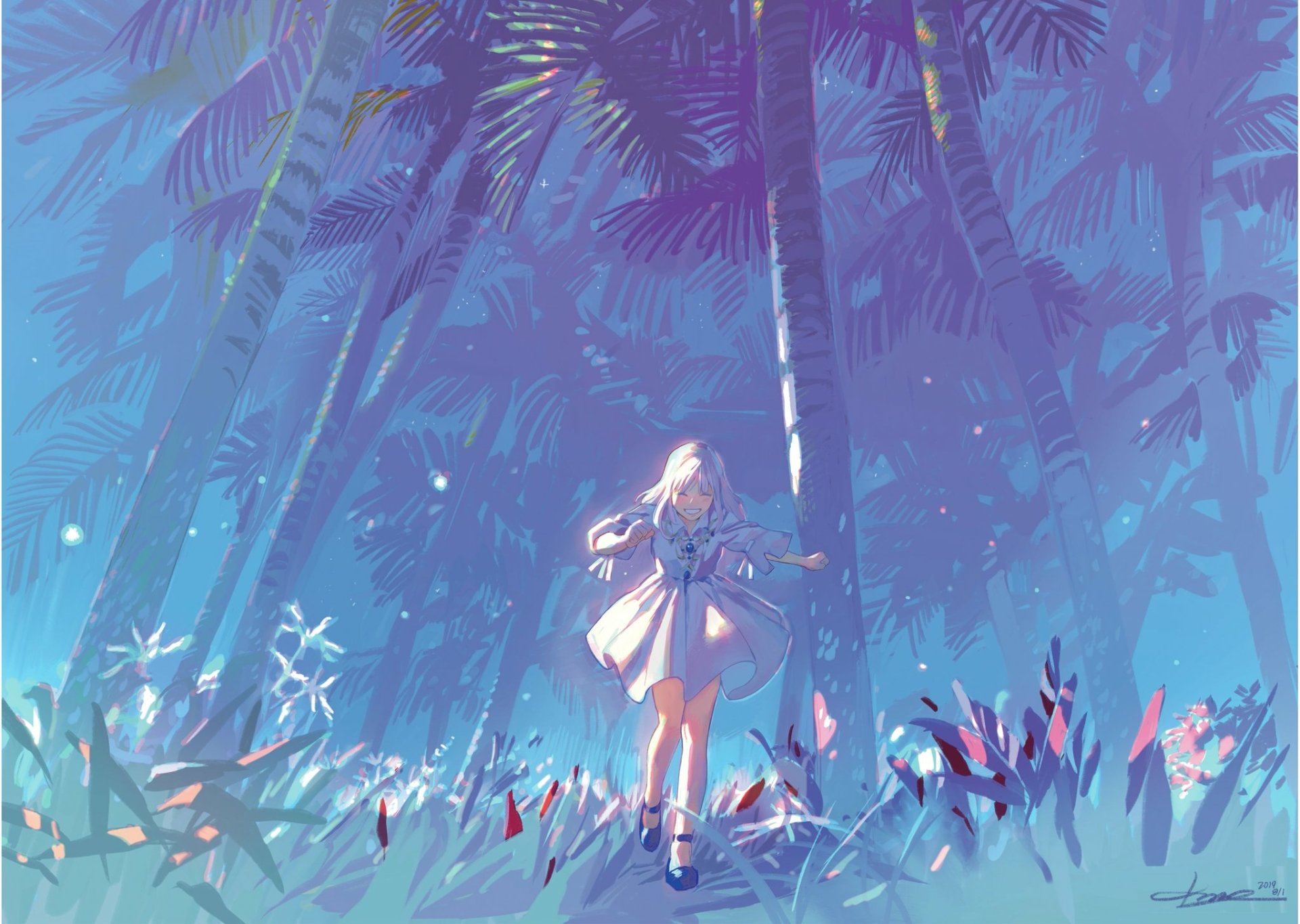 An anime-style HD desktop wallpaper featuring an original art piece of a girl standing in a mystical forest with tall, shadowy trees and vibrant lighting.